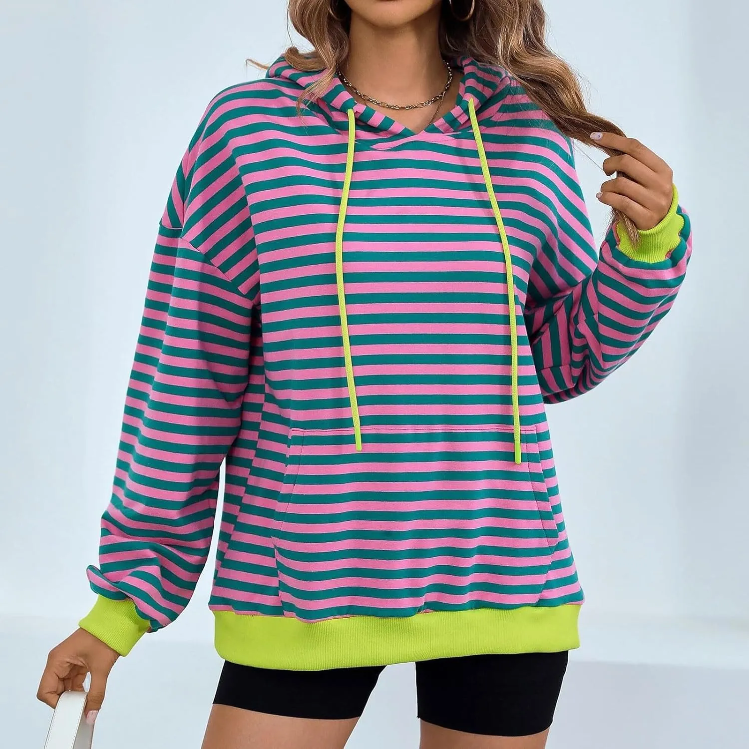 Women 2024 Striped Hoodies Sweatshirt Drawstring Cute Pullover Sweatshirts Long Sleeve Shirts Tops Trendy Fall Clothes
