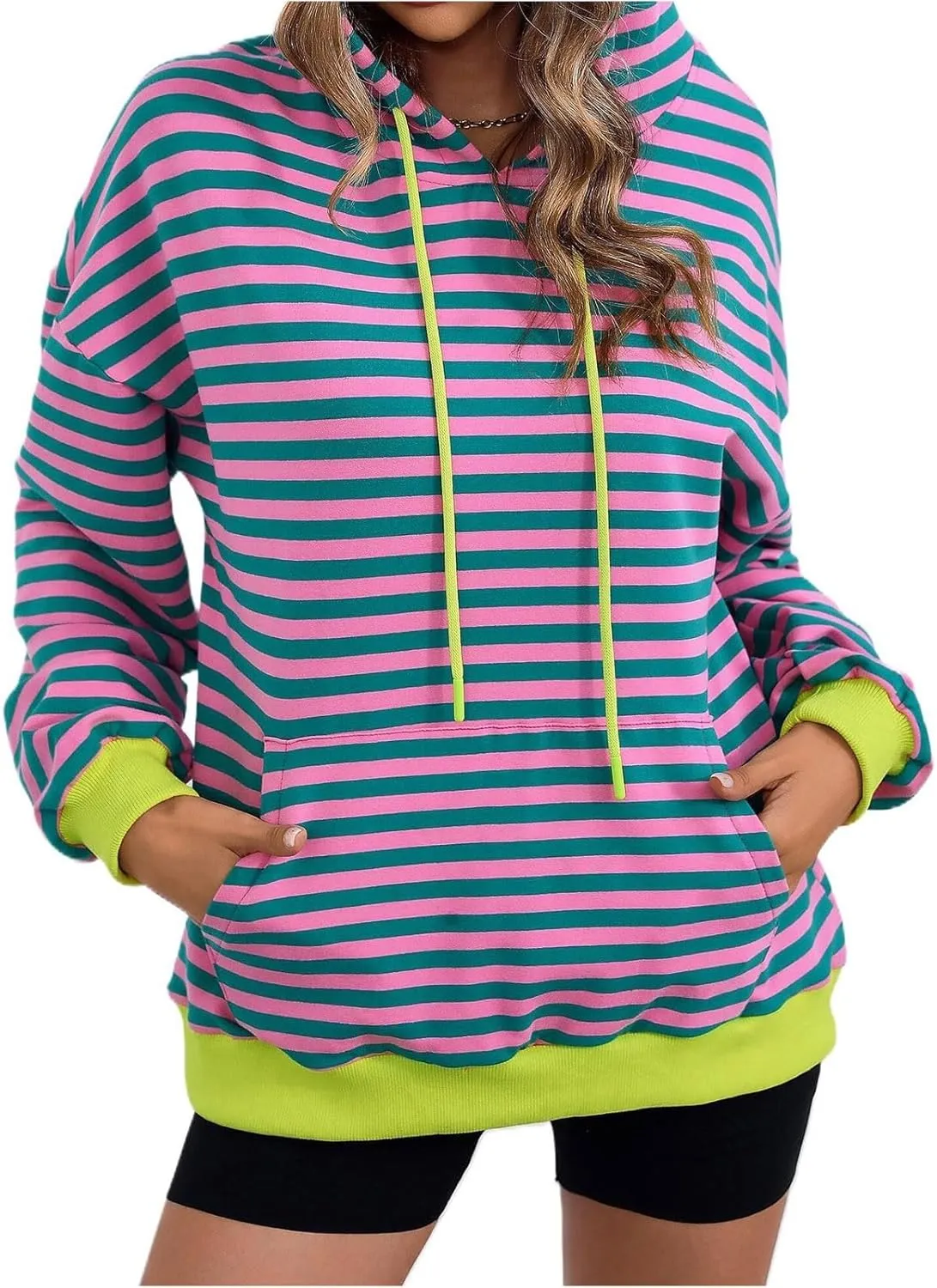 Women 2024 Striped Hoodies Sweatshirt Drawstring Cute Pullover Sweatshirts Long Sleeve Shirts Tops Trendy Fall Clothes