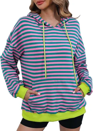 Women 2024 Striped Hoodies Sweatshirt Drawstring Cute Pullover Sweatshirts Long Sleeve Shirts Tops Trendy Fall Clothes