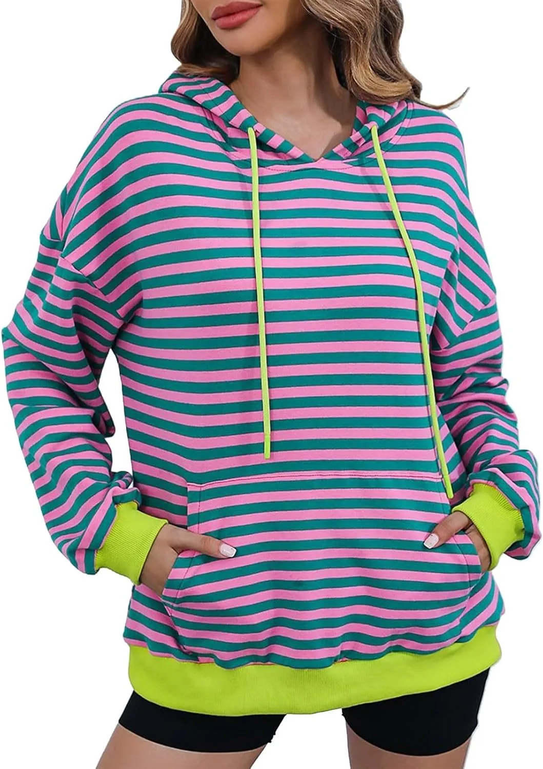 Women 2024 Striped Hoodies Sweatshirt Drawstring Cute Pullover Sweatshirts Long Sleeve Shirts Tops Trendy Fall Clothes