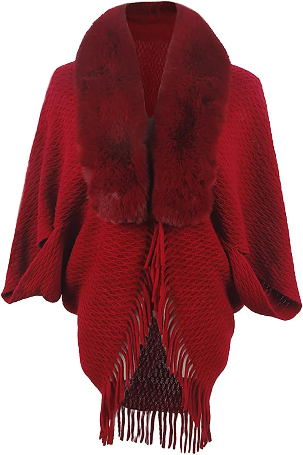 Women Batwing Sleeve Faux Fur Collar Cardigan Sweater Knitted Shawl Wrap Fringe Hem Cape Cloak Open Front Outerwear