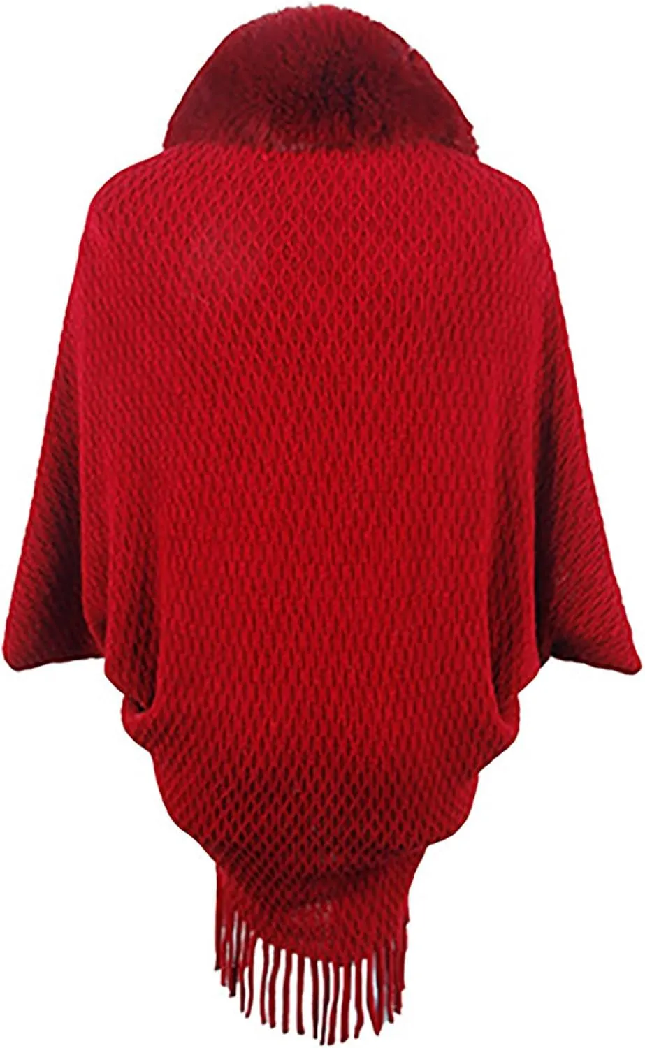Women Batwing Sleeve Faux Fur Collar Cardigan Sweater Knitted Shawl Wrap Fringe Hem Cape Cloak Open Front Outerwear