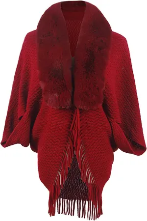 Women Batwing Sleeve Faux Fur Collar Cardigan Sweater Knitted Shawl Wrap Fringe Hem Cape Cloak Open Front Outerwear
