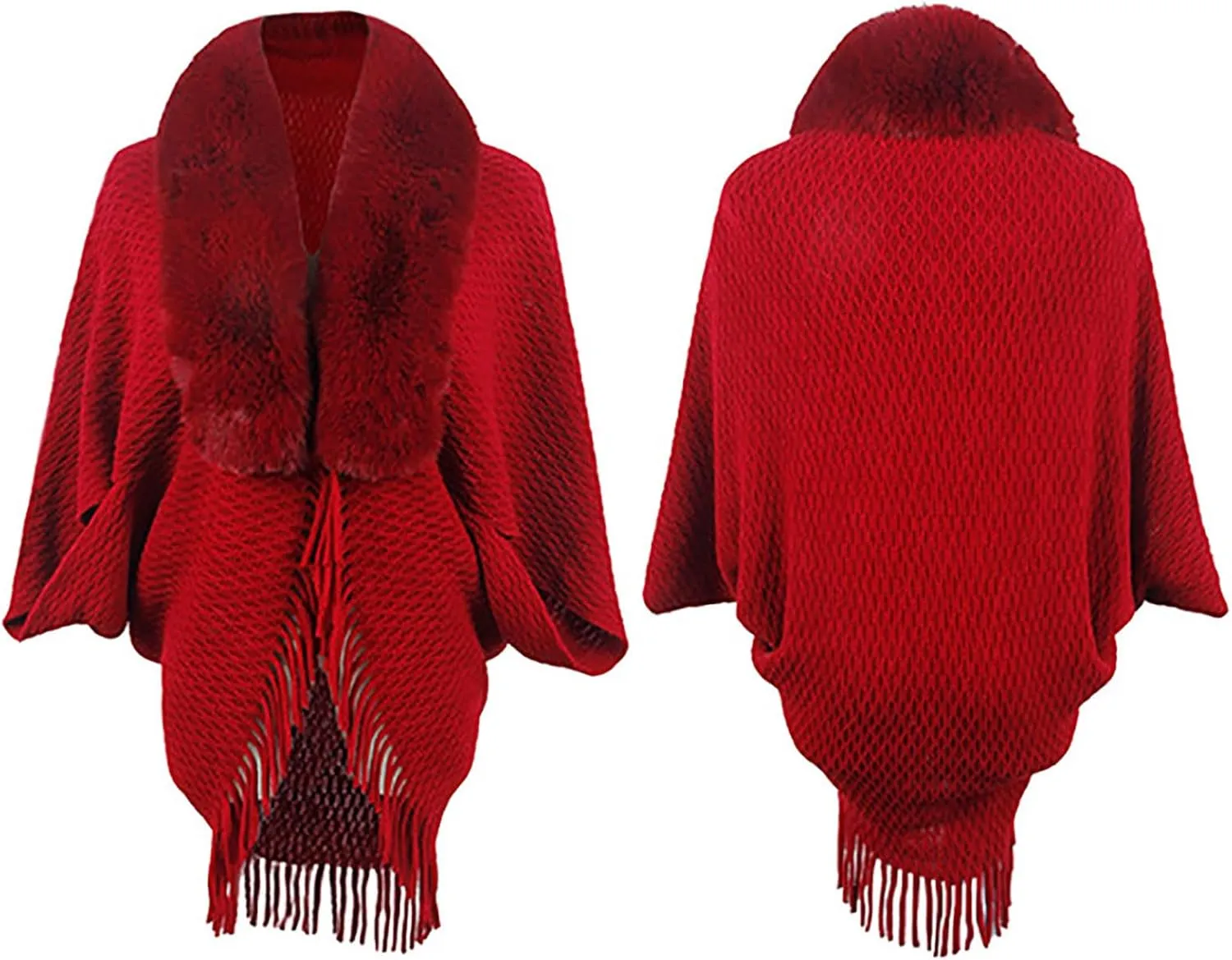 Women Batwing Sleeve Faux Fur Collar Cardigan Sweater Knitted Shawl Wrap Fringe Hem Cape Cloak Open Front Outerwear