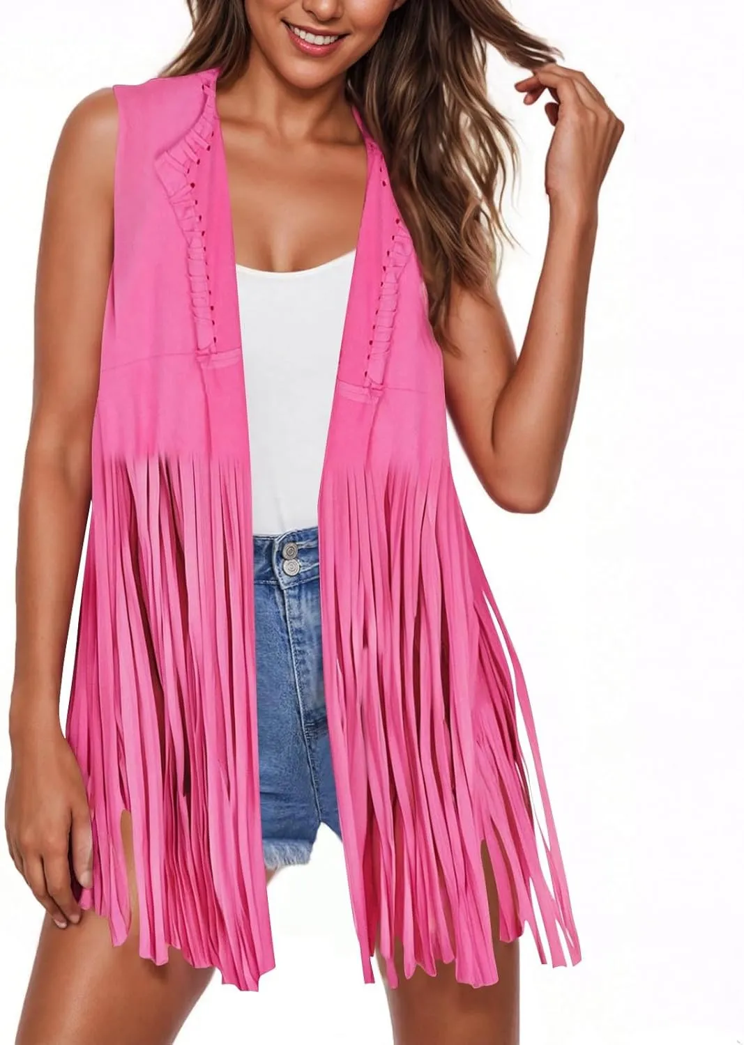 Women Fringe Vest 70s Hippie Costume Sleeveless Cowgirl Western Faux Suede Tassel Cardigan Leather Jacket Tops