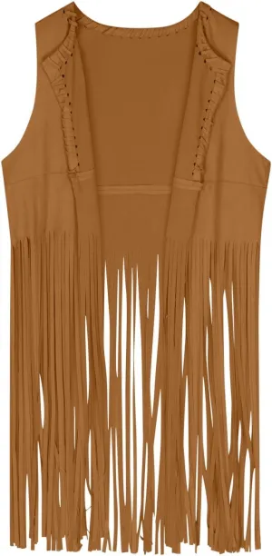 Women Fringe Vest 70s Hippie Costume Sleeveless Cowgirl Western Faux Suede Tassel Cardigan Leather Jacket Tops