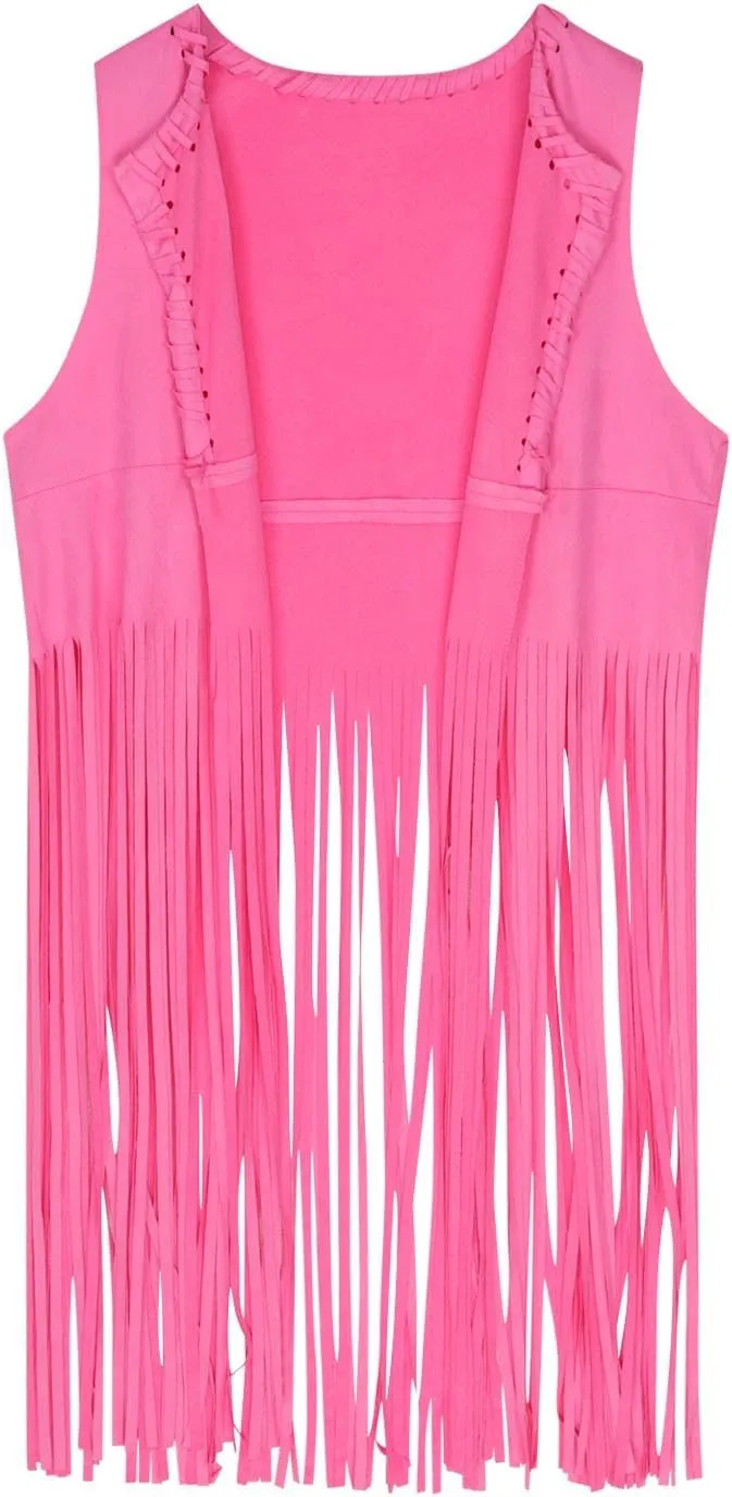 Women Fringe Vest 70s Hippie Costume Sleeveless Cowgirl Western Faux Suede Tassel Cardigan Leather Jacket Tops