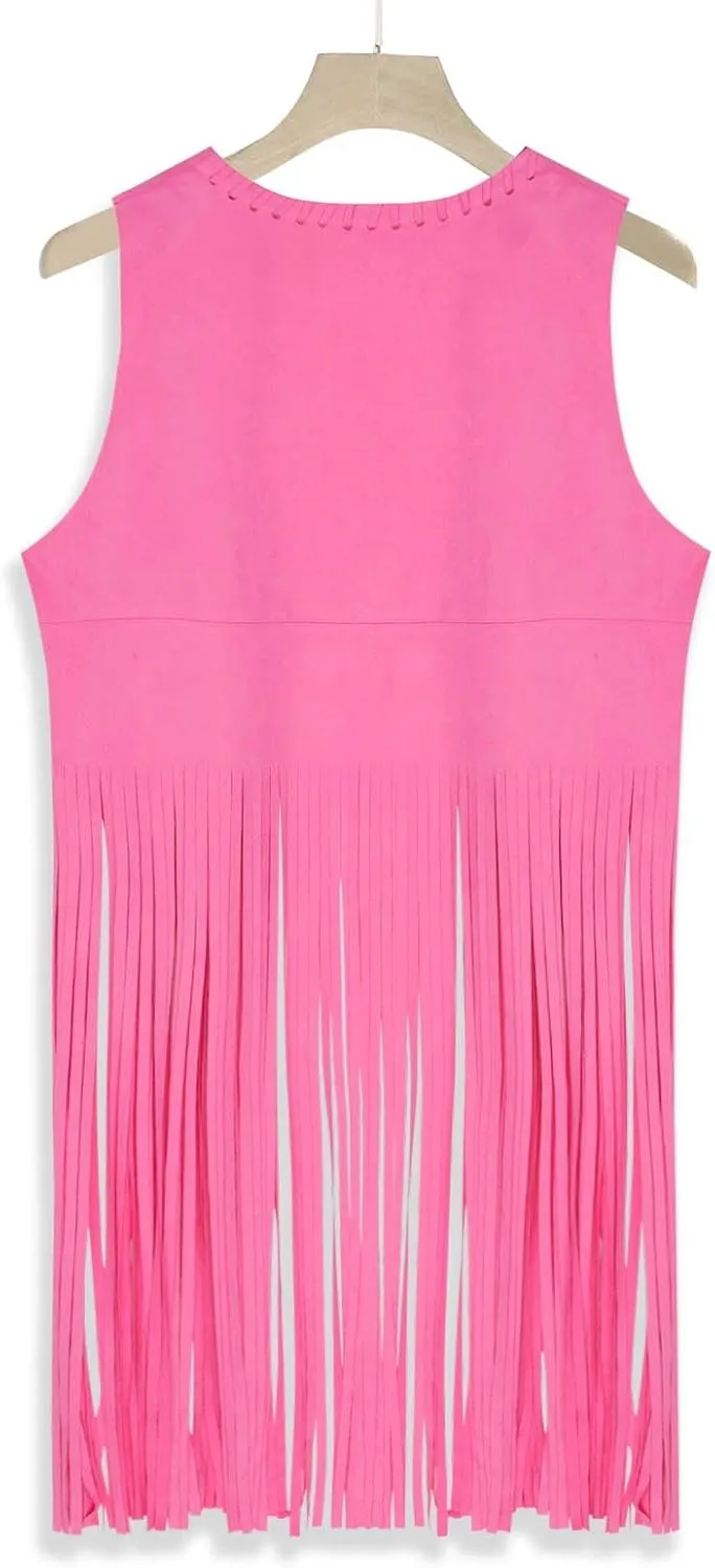 Women Fringe Vest 70s Hippie Costume Sleeveless Cowgirl Western Faux Suede Tassel Cardigan Leather Jacket Tops