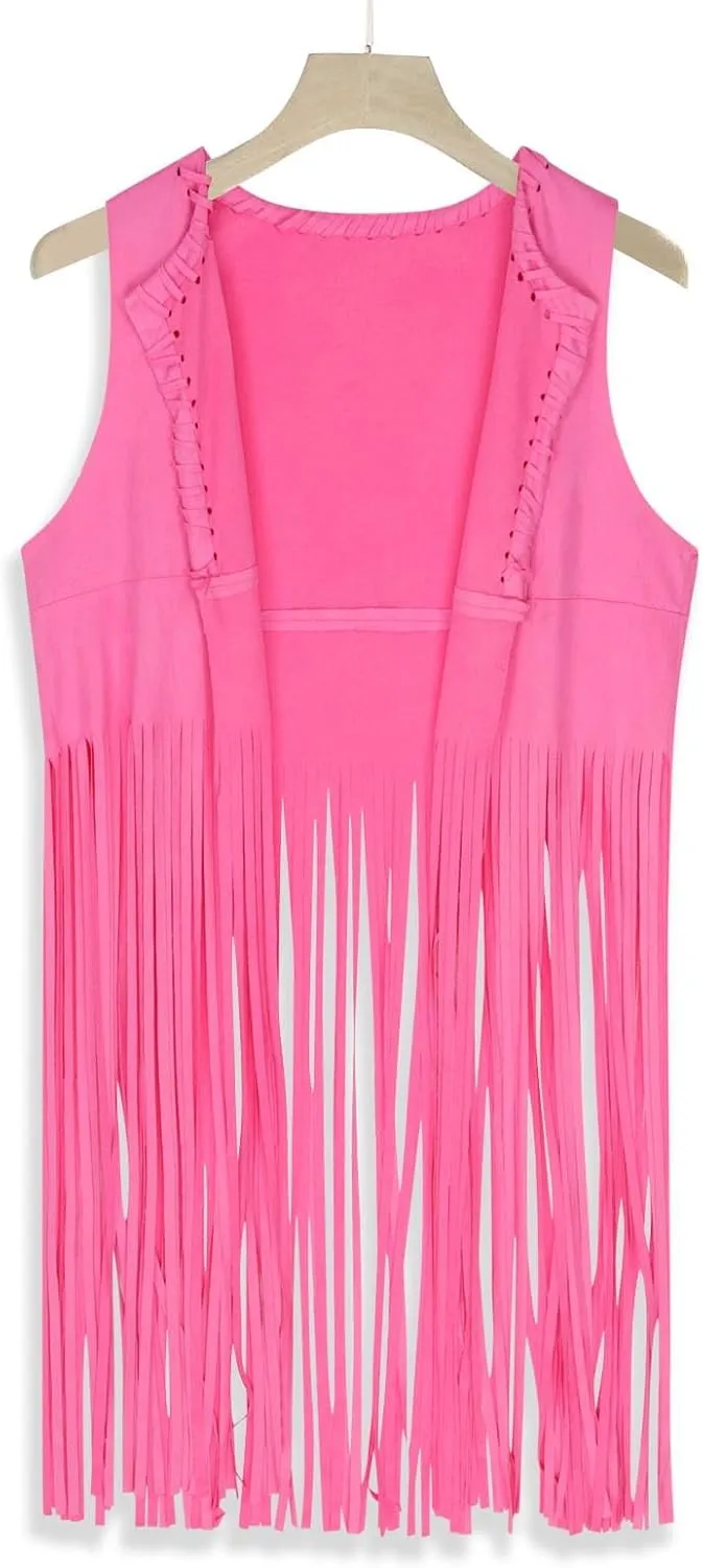 Women Fringe Vest 70s Hippie Costume Sleeveless Cowgirl Western Faux Suede Tassel Cardigan Leather Jacket Tops