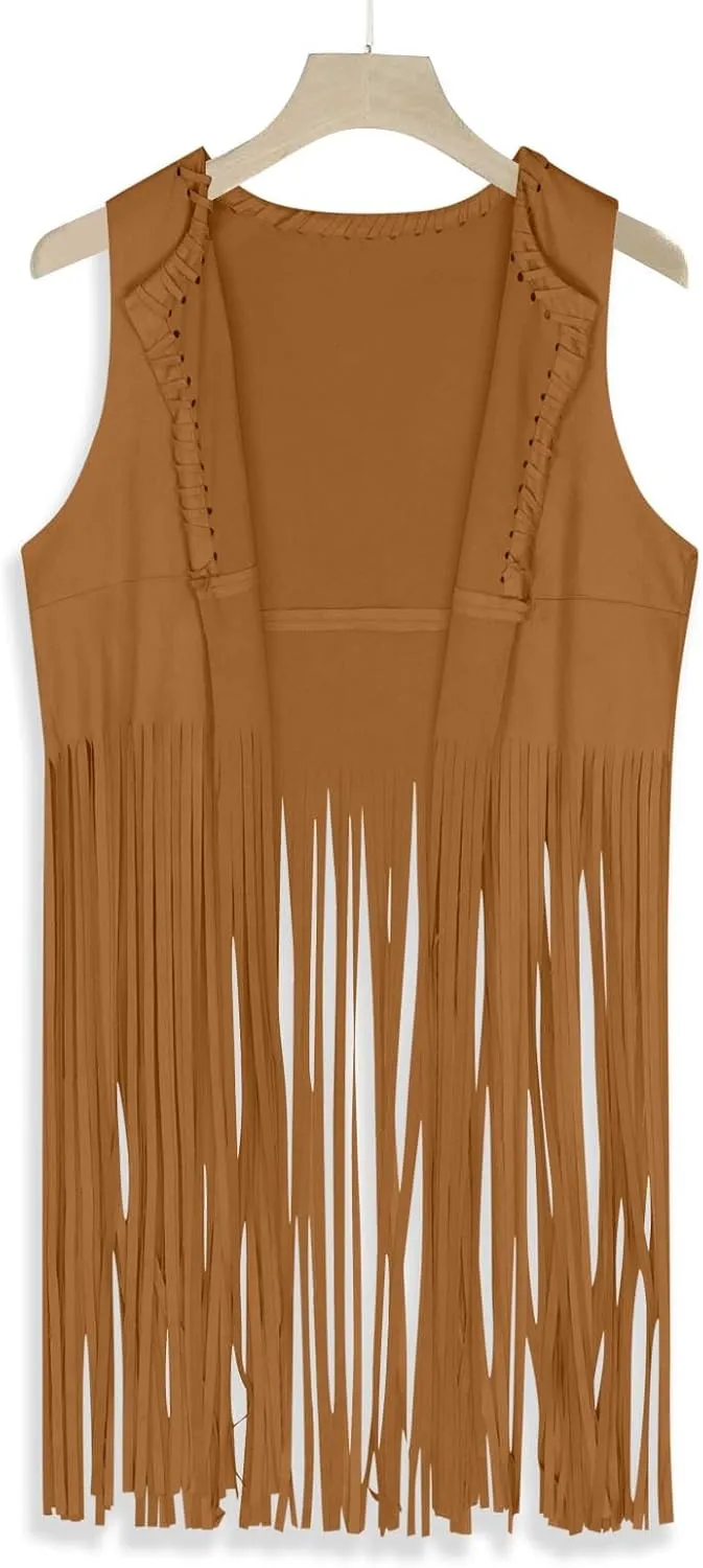 Women Fringe Vest 70s Hippie Costume Sleeveless Cowgirl Western Faux Suede Tassel Cardigan Leather Jacket Tops