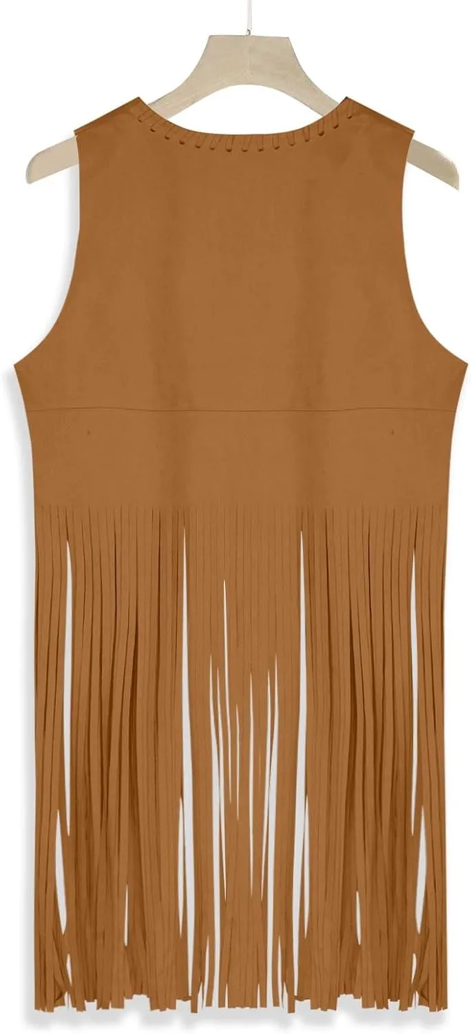 Women Fringe Vest 70s Hippie Costume Sleeveless Cowgirl Western Faux Suede Tassel Cardigan Leather Jacket Tops