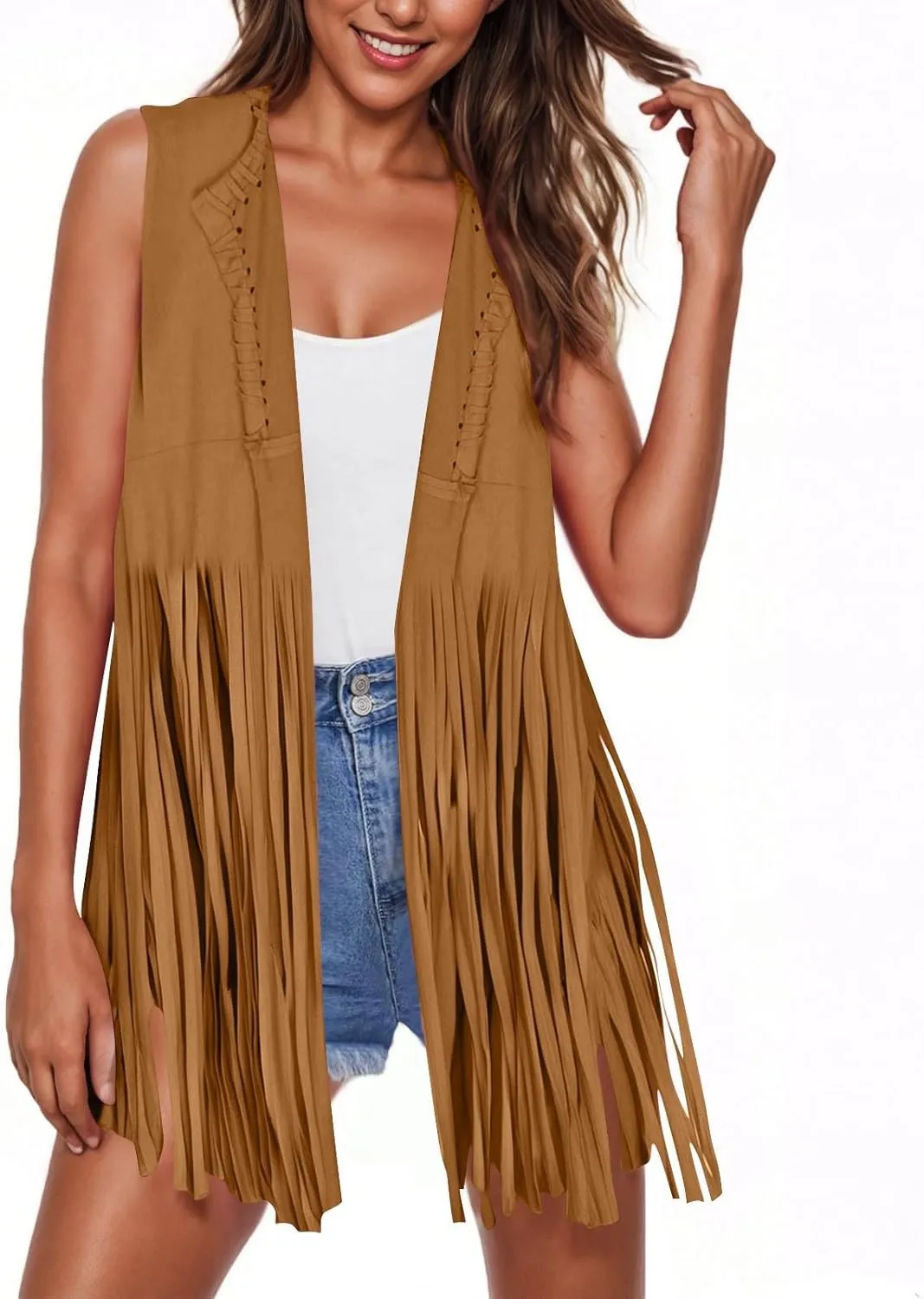 Women Fringe Vest 70s Hippie Costume Sleeveless Cowgirl Western Faux Suede Tassel Cardigan Leather Jacket Tops