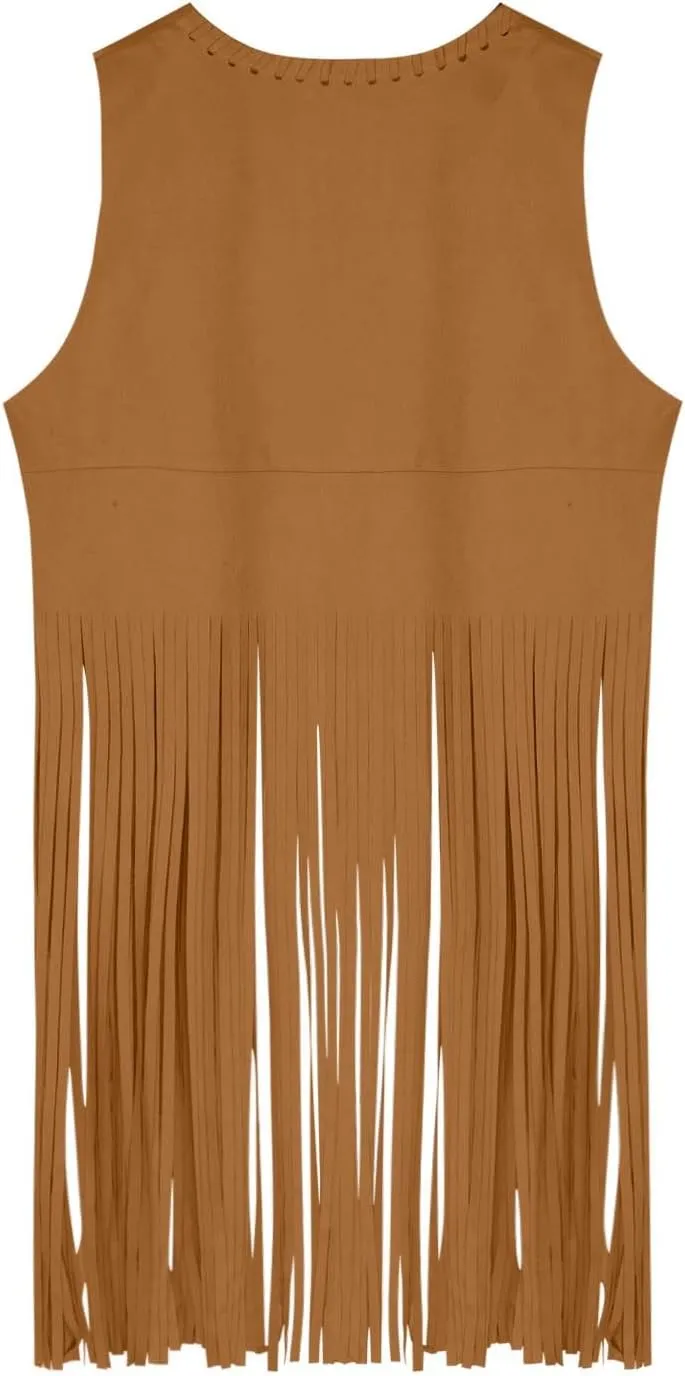 Women Fringe Vest 70s Hippie Costume Sleeveless Cowgirl Western Faux Suede Tassel Cardigan Leather Jacket Tops