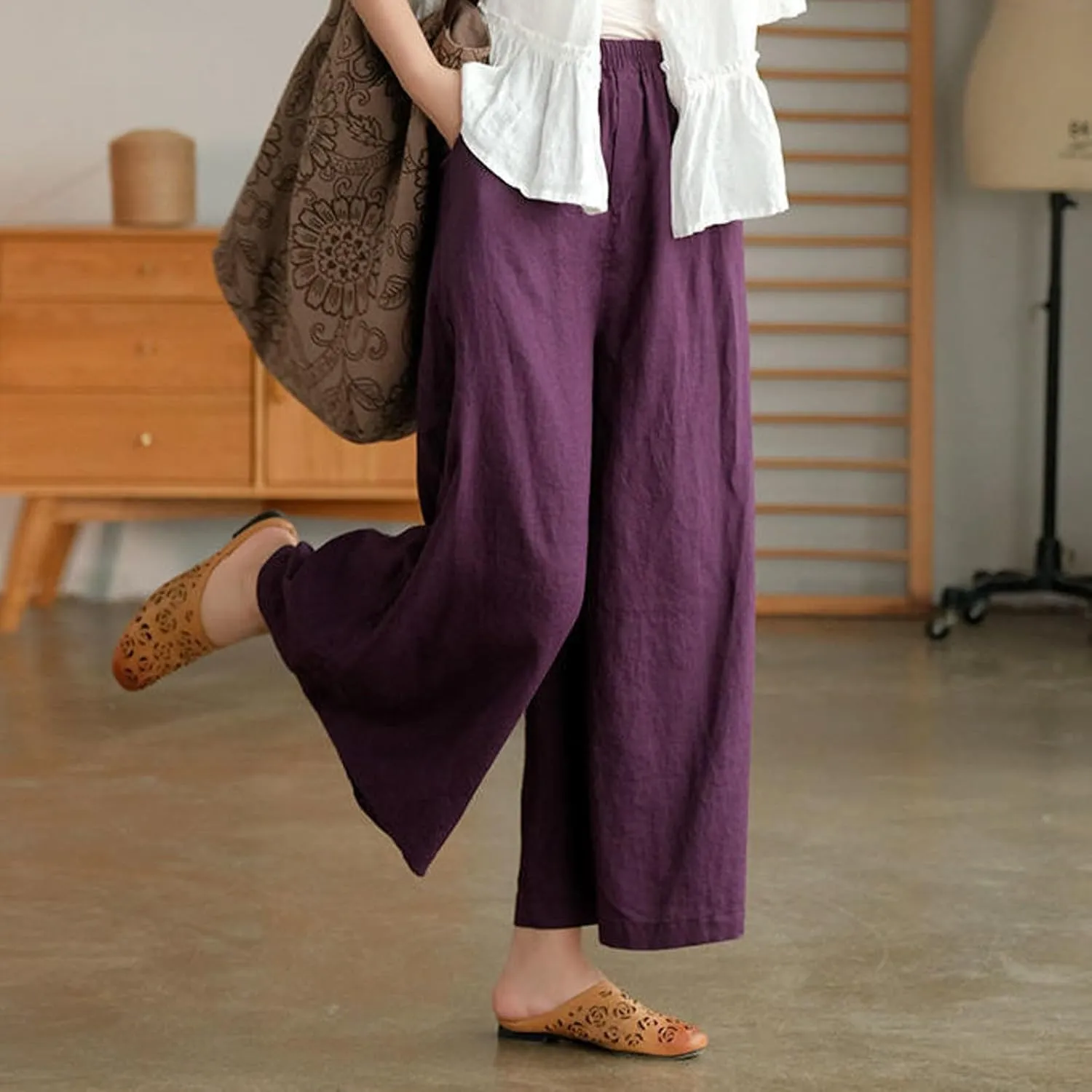 Women Linen Blend Summer Floral Pant Trousers Low Waist Baggy Stretchy Slim-Fit Pants Beach