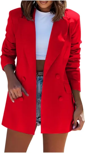 Women's 3/4 Ruched Sleeve Blazer Open Front Cardigan Casual Long Blazer Work Jackets Double Breasted Office Coat Solid