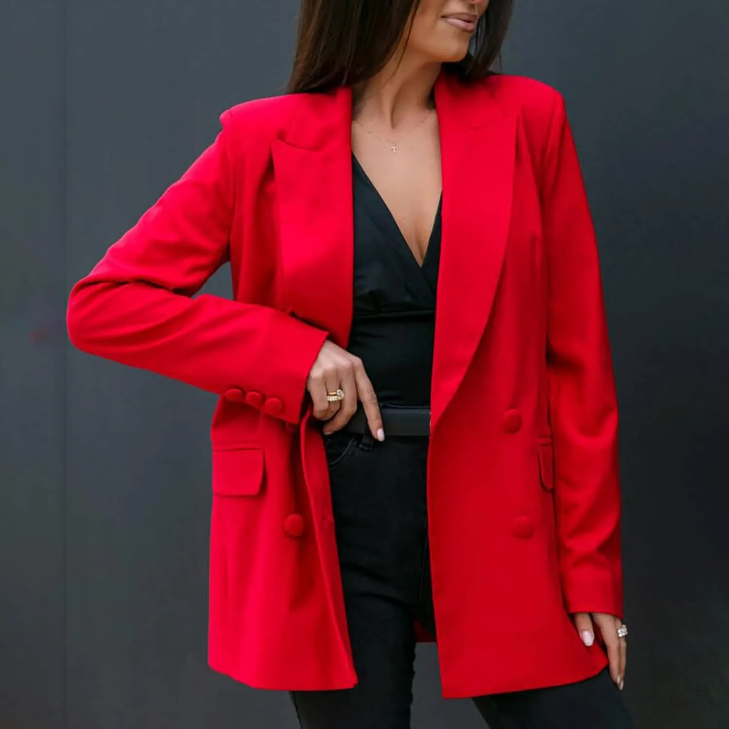 Women's 3/4 Ruched Sleeve Blazer Open Front Cardigan Casual Long Blazer Work Jackets Double Breasted Office Coat Solid