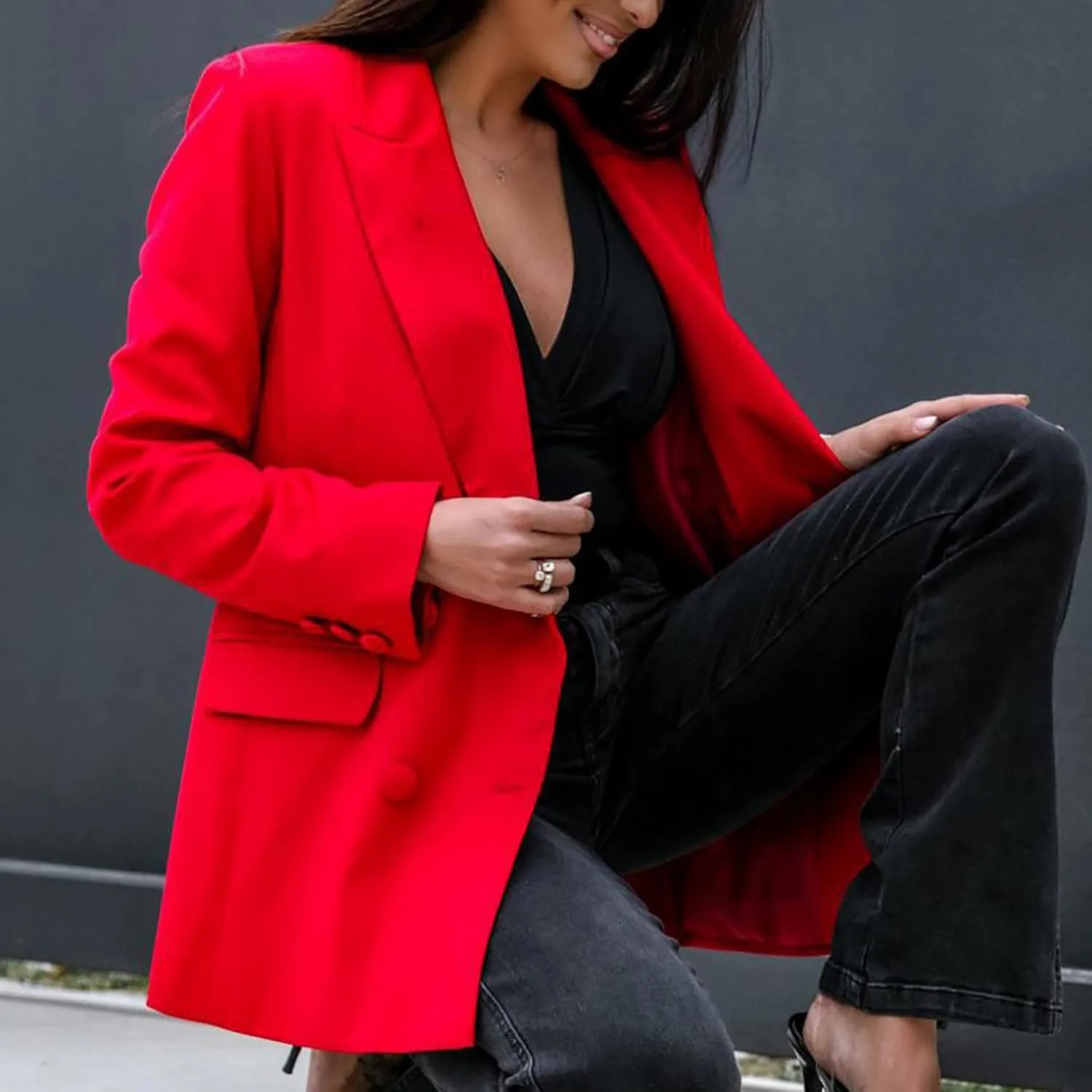 Women's 3/4 Ruched Sleeve Blazer Open Front Cardigan Casual Long Blazer Work Jackets Double Breasted Office Coat Solid