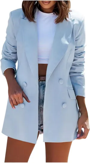 Women's 3/4 Ruched Sleeve Blazer Open Front Cardigan Casual Long Blazer Work Jackets Double Breasted Office Coat Solid