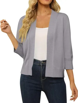 Women's 3/4 Sleeve Cropped Cardigan Sweaters Open Front Bolero Short Shrugs S-XL