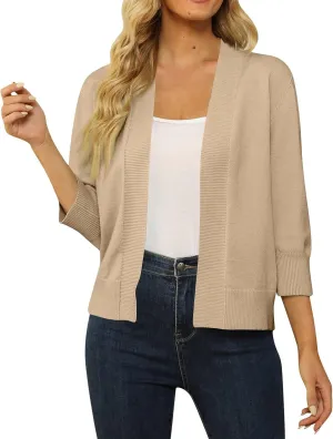 Women's 3/4 Sleeve Cropped Cardigan Sweaters Open Front Bolero Short Shrugs S-XL