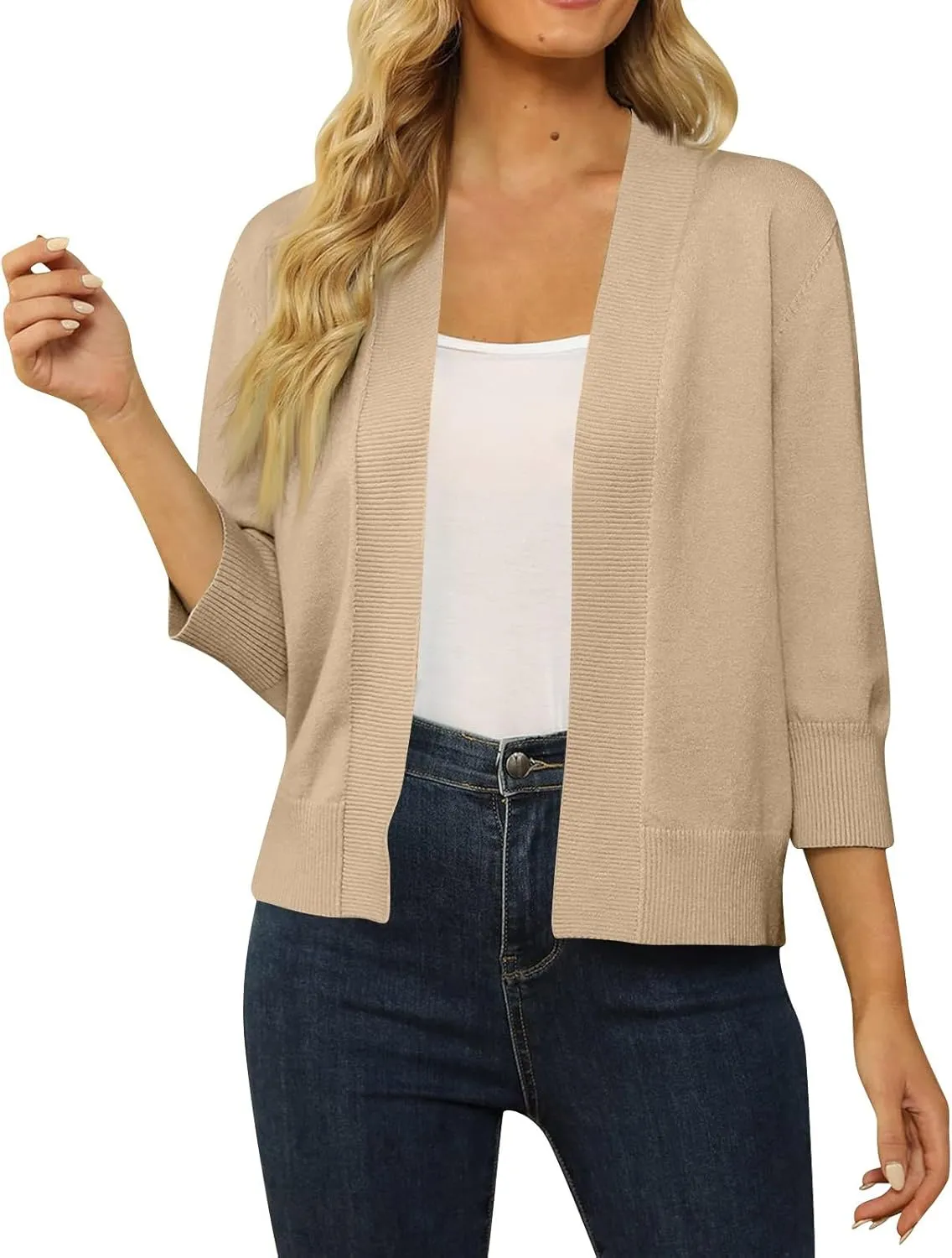 Women's 3/4 Sleeve Cropped Cardigan Sweaters Open Front Bolero Short Shrugs S-XL