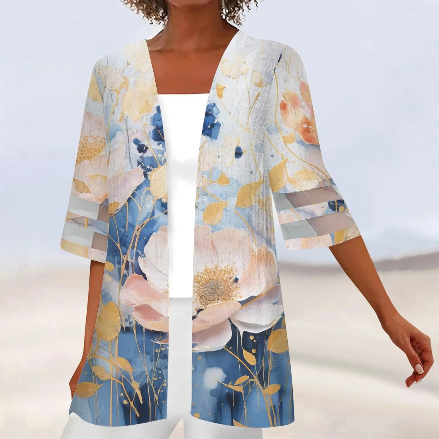 Womens Beach Cover Up Kimono Summer Swimsuit Lace Cardigan Boho Striped 3/4 Sleeve Open Front Coverup Loose Draped Top