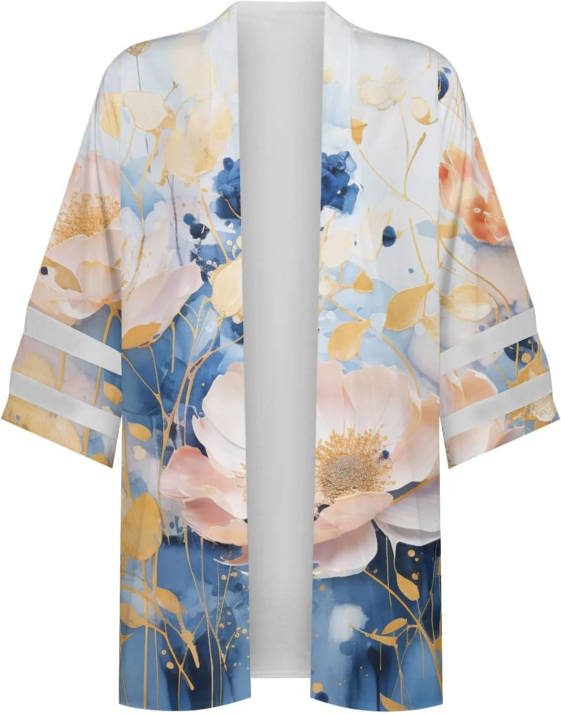 Womens Beach Cover Up Kimono Summer Swimsuit Lace Cardigan Boho Striped 3/4 Sleeve Open Front Coverup Loose Draped Top
