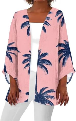 Womens Beach Cover Up Kimono Summer Swimsuit Lace Cardigan Boho Striped 3/4 Sleeve Open Front Coverup Loose Draped Top