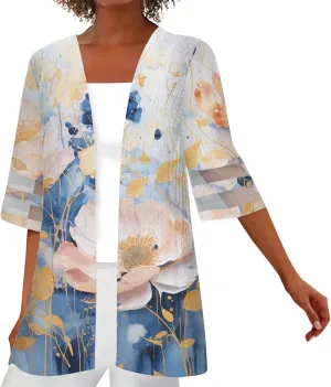 Womens Beach Cover Up Kimono Summer Swimsuit Lace Cardigan Boho Striped 3/4 Sleeve Open Front Coverup Loose Draped Top