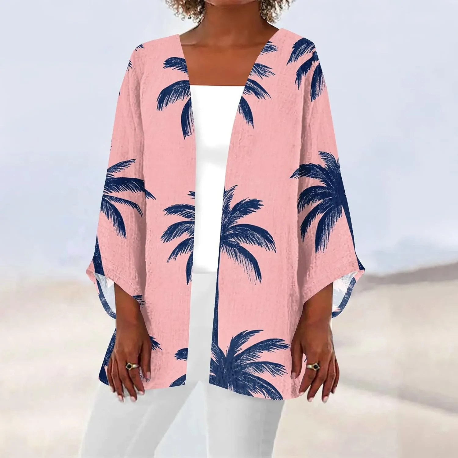 Womens Beach Cover Up Kimono Summer Swimsuit Lace Cardigan Boho Striped 3/4 Sleeve Open Front Coverup Loose Draped Top