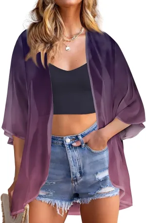 Womens Beach Cover Up Kimono Summer Swimwear Chiffon Cardigan Boho Solid 3/4 Sleeve Open Front Cover Ups Trendy Shrugs