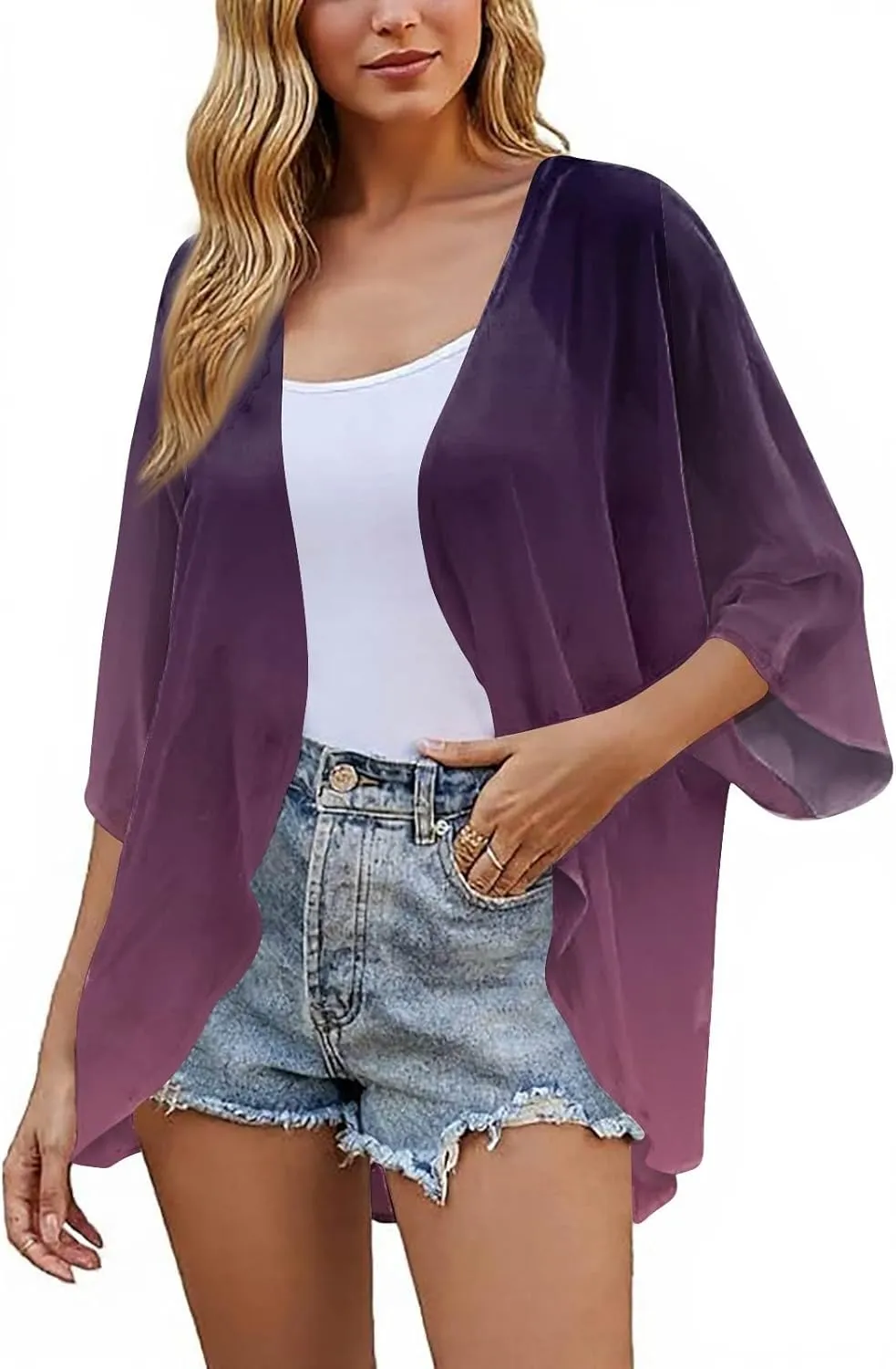 Womens Beach Cover Up Kimono Summer Swimwear Chiffon Cardigan Boho Solid 3/4 Sleeve Open Front Cover Ups Trendy Shrugs