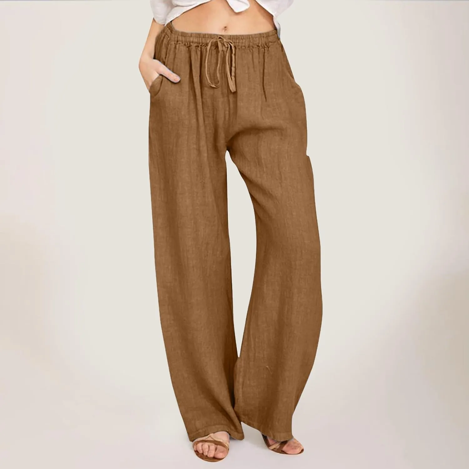 Womens Casual Linen Pants Baggy High Waist Drawstring Straight Leg Pants Summer Lounge Trousers with Pockets