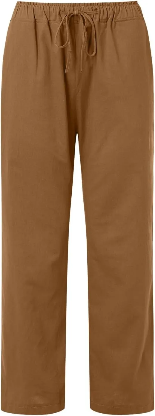 Womens Casual Linen Pants Baggy High Waist Drawstring Straight Leg Pants Summer Lounge Trousers with Pockets