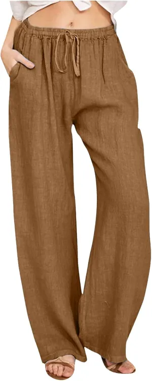 Womens Casual Linen Pants Baggy High Waist Drawstring Straight Leg Pants Summer Lounge Trousers with Pockets