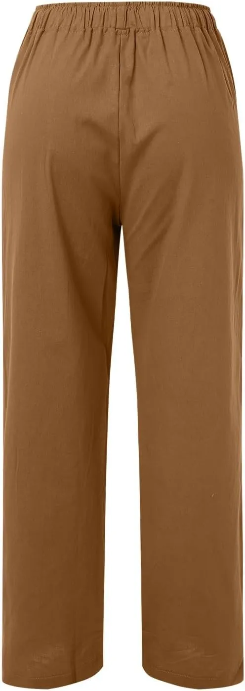 Womens Casual Linen Pants Baggy High Waist Drawstring Straight Leg Pants Summer Lounge Trousers with Pockets