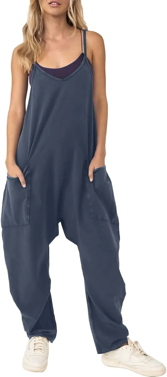 Women's Casual Loose Jumpsuits V Neck Sleeveless Harem Overalls Baggy Overalls Adjustable Strap Romper with Pochets