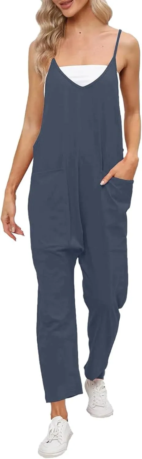 Women's Casual Loose Jumpsuits V Neck Sleeveless Harem Overalls Baggy Overalls Adjustable Strap Romper with Pochets