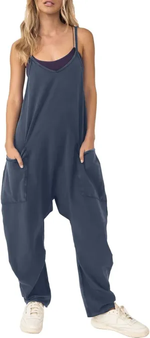 Women's Casual Loose Jumpsuits V Neck Sleeveless Harem Overalls Baggy Overalls Adjustable Strap Romper with Pochets