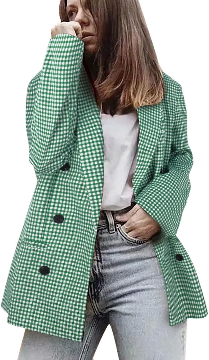Womens Double Breasted Trenchcoat Plaid Coat Relaxed Blazer Long Sleeve Peak Button Pea Coats Jacket Work Formal Blazer