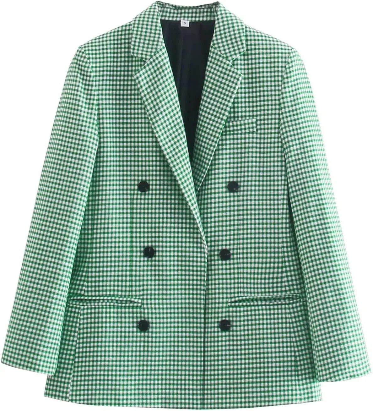 Womens Double Breasted Trenchcoat Plaid Coat Relaxed Blazer Long Sleeve Peak Button Pea Coats Jacket Work Formal Blazer