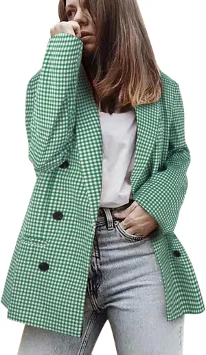 Womens Double Breasted Trenchcoat Plaid Coat Relaxed Blazer Long Sleeve Peak Button Pea Coats Jacket Work Formal Blazer