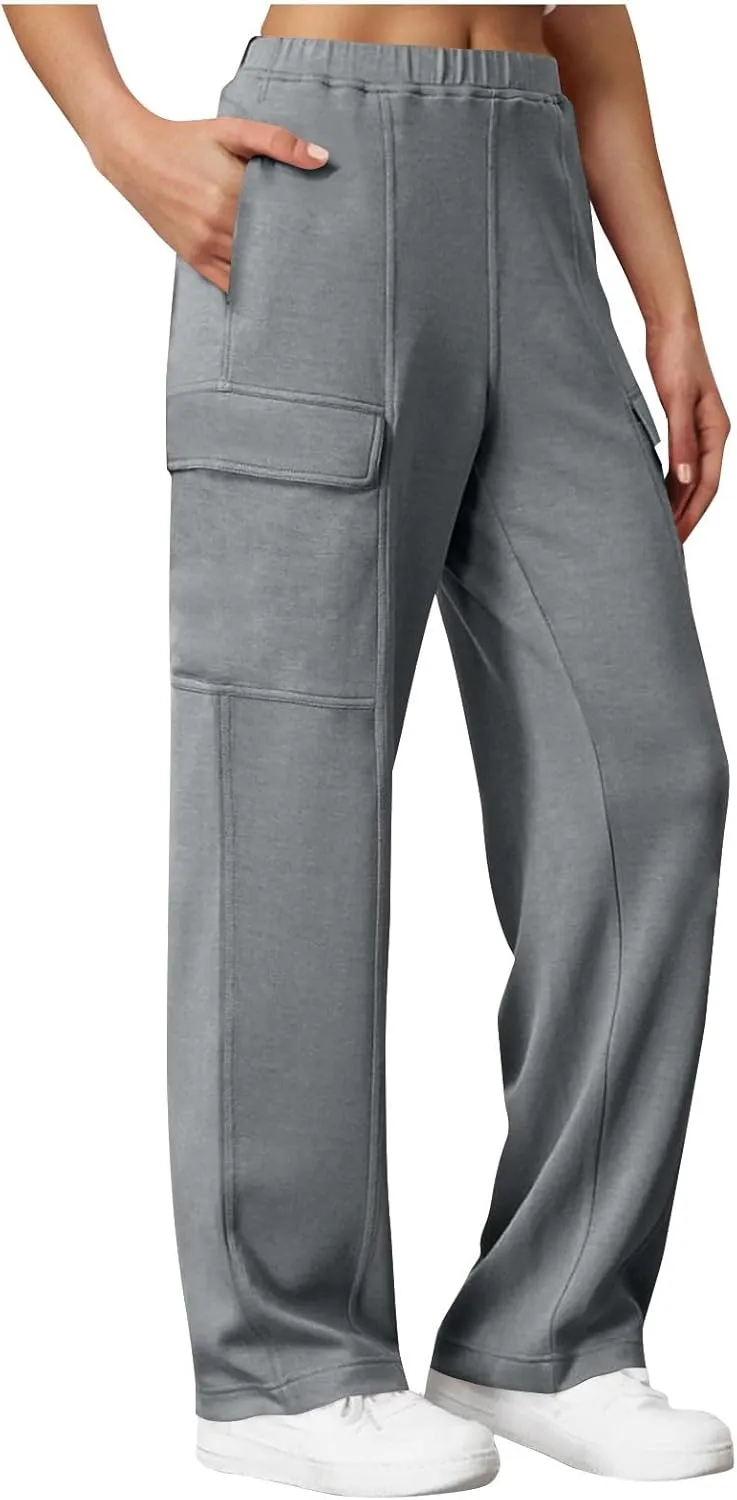 Womens Elastic Waist Cargo Pants Fashion Loose Workout Wide Leg Sweatpant Stretchy Fabric Street Style Casual Trouser