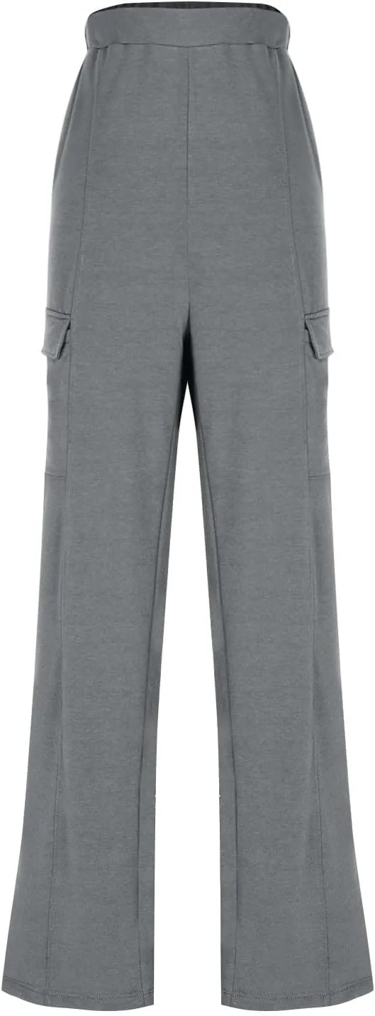 Womens Elastic Waist Cargo Pants Fashion Loose Workout Wide Leg Sweatpant Stretchy Fabric Street Style Casual Trouser
