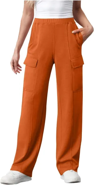 Womens Elastic Waist Cargo Pants Fashion Loose Workout Wide Leg Sweatpant Stretchy Fabric Street Style Casual Trouser