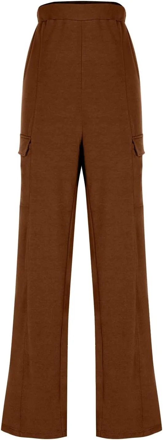 Womens Elastic Waist Cargo Pants Fashion Loose Workout Wide Leg Sweatpant Stretchy Fabric Street Style Casual Trouser