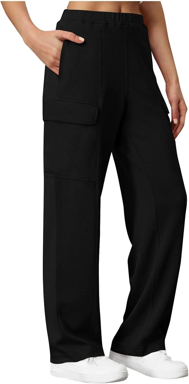 Womens Elastic Waist Cargo Pants Fashion Loose Workout Wide Leg Sweatpant Stretchy Fabric Street Style Casual Trouser