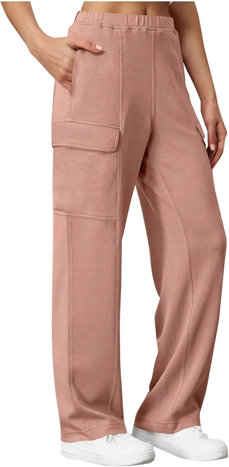 Womens Elastic Waist Cargo Pants Fashion Loose Workout Wide Leg Sweatpant Stretchy Fabric Street Style Casual Trouser