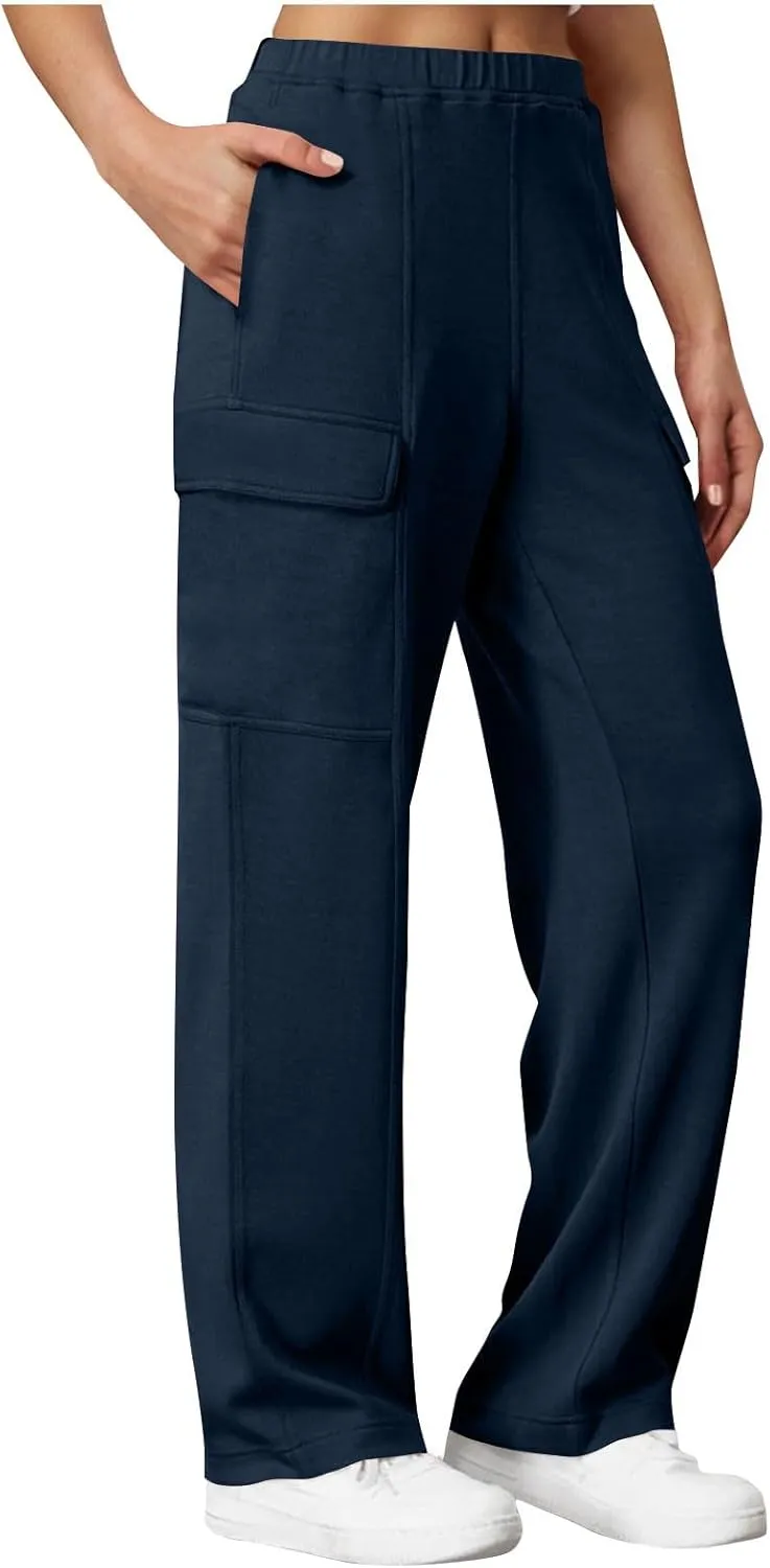 Womens Elastic Waist Cargo Pants Fashion Loose Workout Wide Leg Sweatpant Stretchy Fabric Street Style Casual Trouser