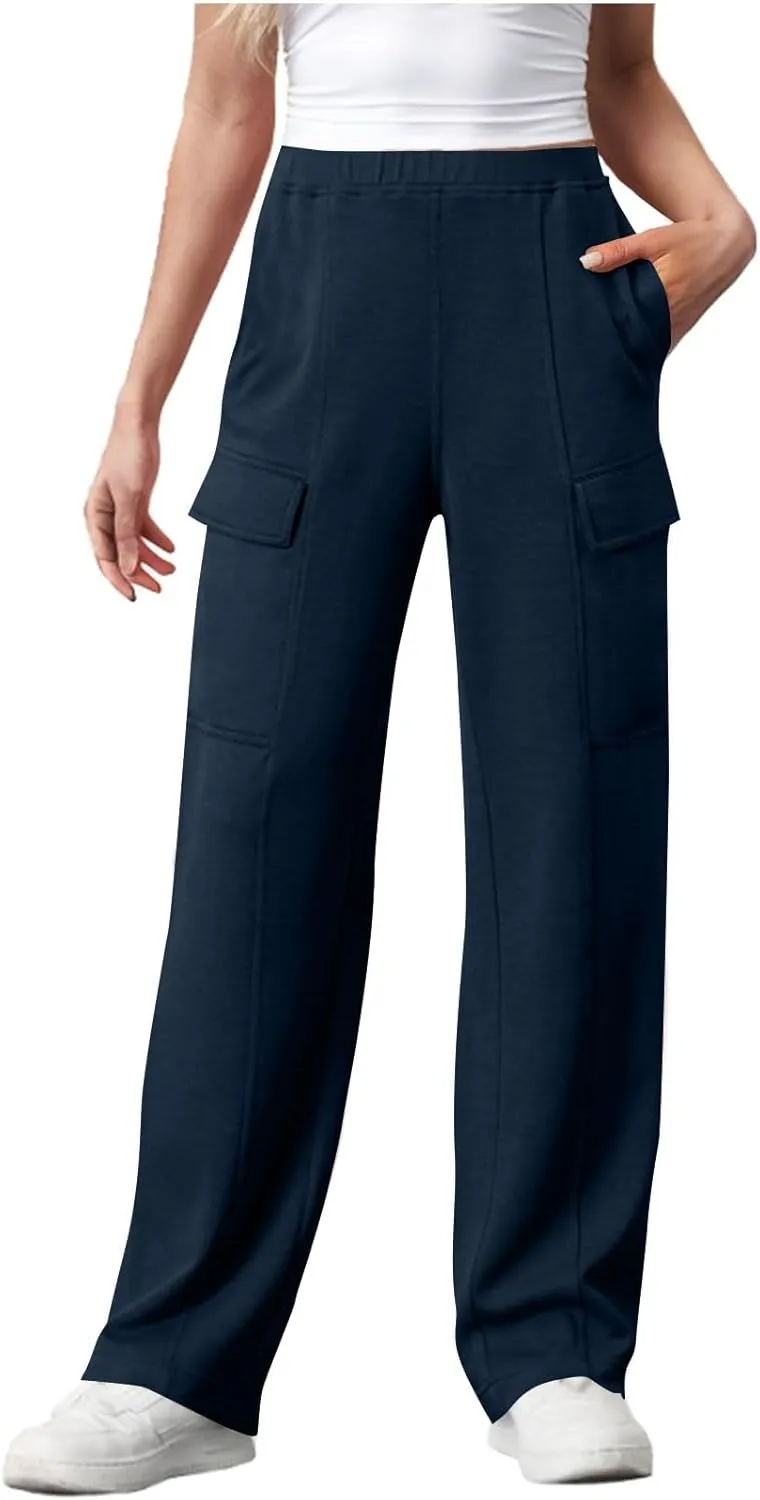 Womens Elastic Waist Cargo Pants Fashion Loose Workout Wide Leg Sweatpant Stretchy Fabric Street Style Casual Trouser